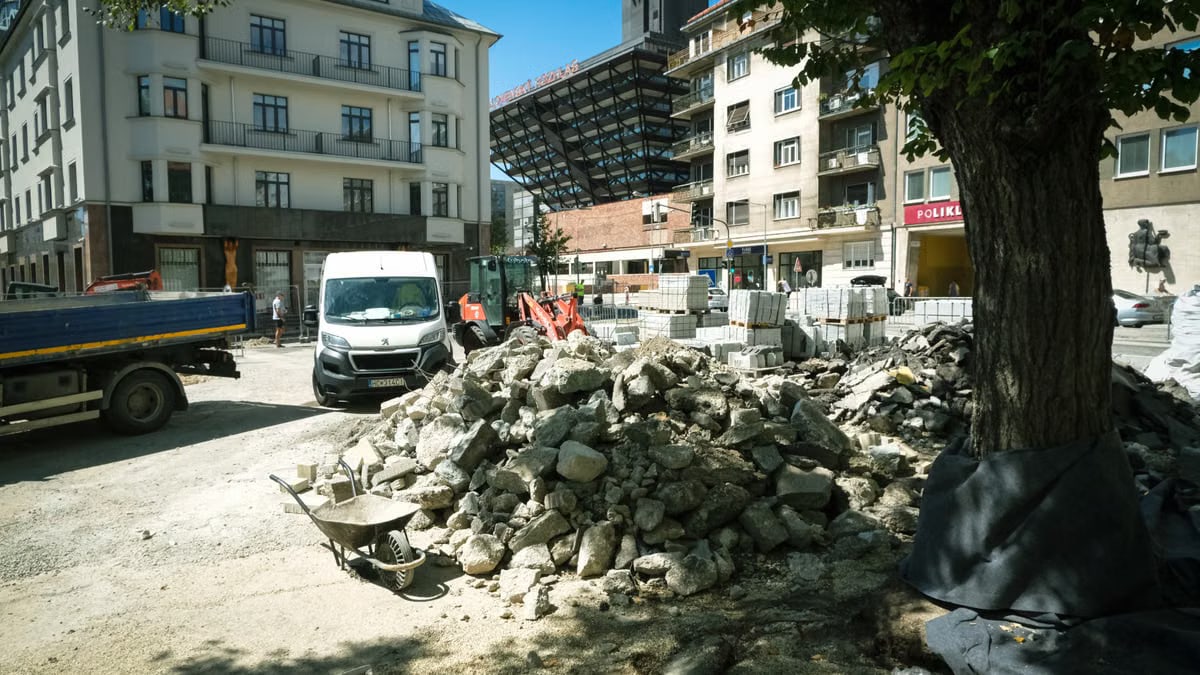 A construction site in downtown Bratislava showing heavy roadwork and urban renewal.